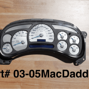 Car dashboard gauges on wooden surface
